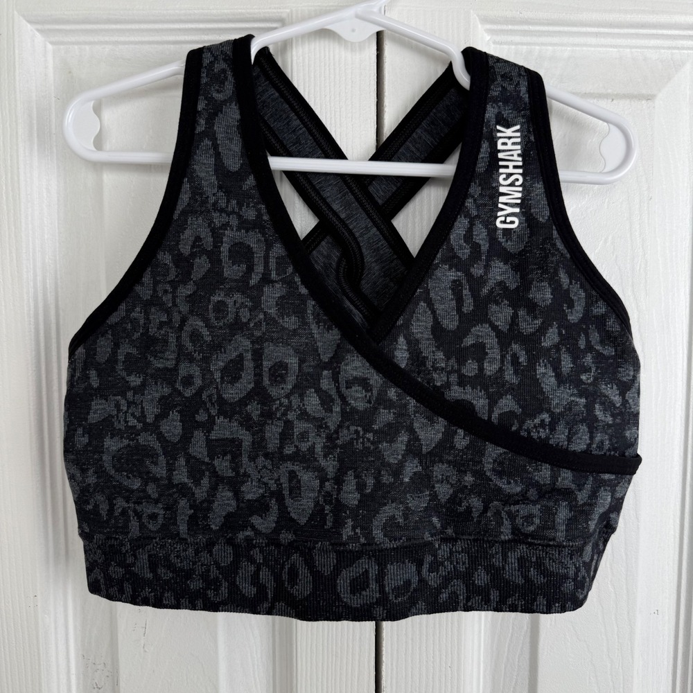 Gymshark Leopard Print Sports Bra Black Grey Medium‎ Support Crisscross Back